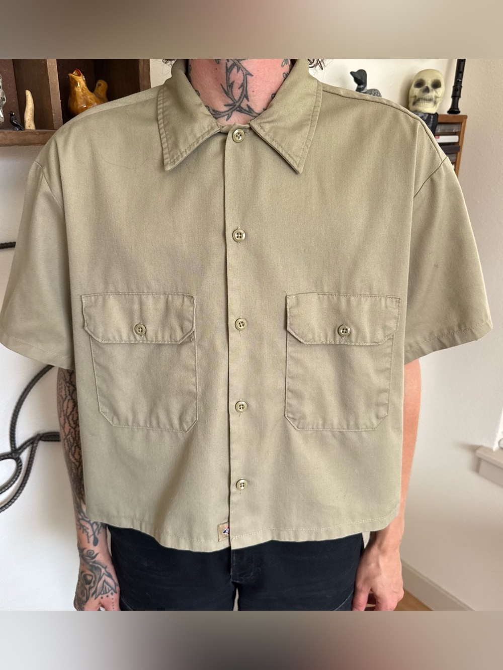 Dickies Cropped Tan S/S Button Down Skater Utility Work Shirt ~ Size Large